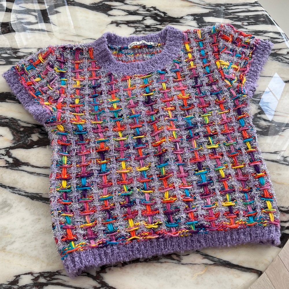 Alice + Olivia Purple Ciara Cropped Metallic Knitted Sweater - Size S